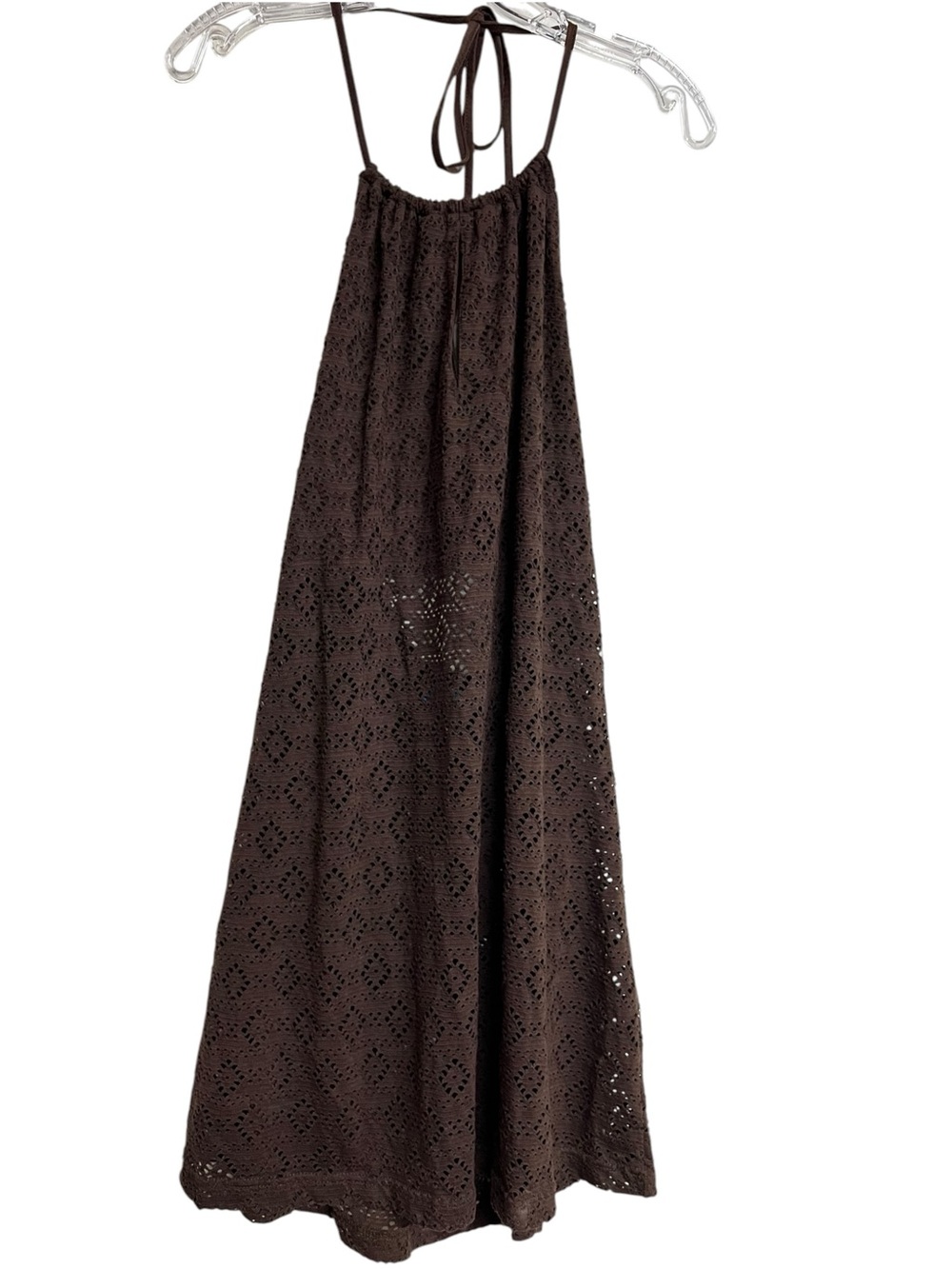 Vintage California Cover Eyelet Halter Midi Dress Chocolate Brown Coastal 90 Y2K